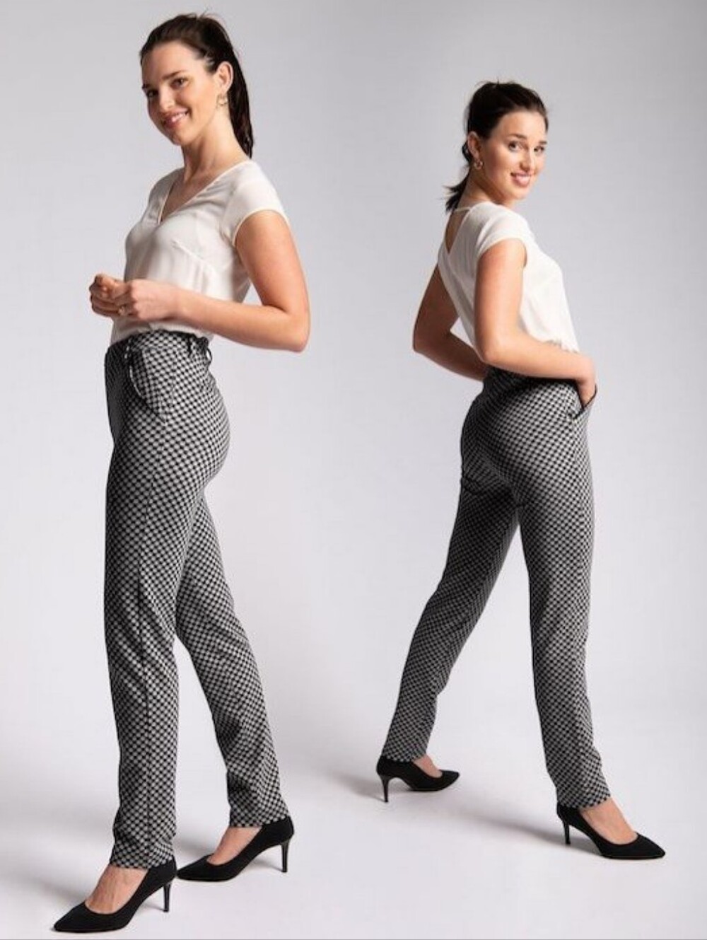 Betabrand "Catstooth Dress Yoga Ponte Pants" Black White Pattern, Women's Size M